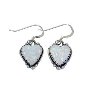 Vintage Sterling Silver 925 Opal Heart Drop Earrings